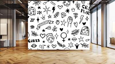 Vector seamless pattern with hand drawn elements on feminism theme: faces, raised fist, slogans, symbols, lips, hearts, branches and stars. Wall mural