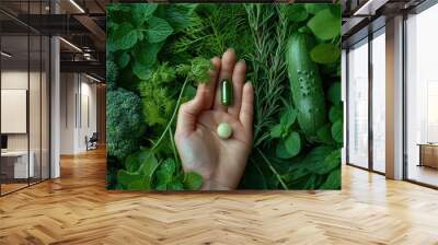 vegetables greens hand holding a capsule. Selective focus Wall mural