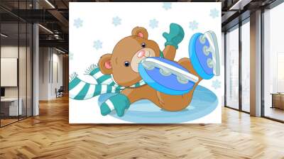 Cute bear fell to the ice rink Wall mural