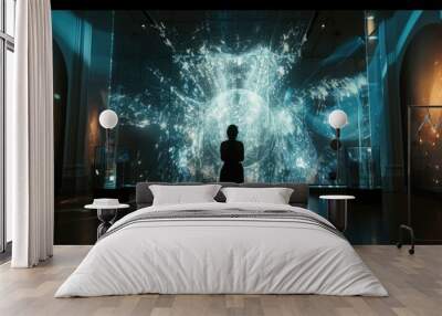 Visitor admiring vibrant digital art projection in a modern gallery setting. Wall mural