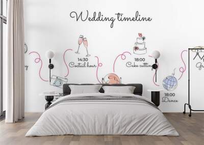 Wedding timeline template with line art icons. Organization and planning of wedding day. Ceremony, cutting cake, dinner, party time, coctails, dance, photos, car Wall mural