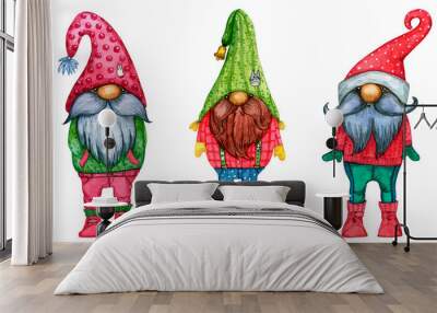 Watercolor drawing of fairy-tale dwarfs isolated on a white background. A set with Christmas gnomes in funny bright caps-caps. Illustration for clothing, packaging, postcards, posters, dishes. Wall mural