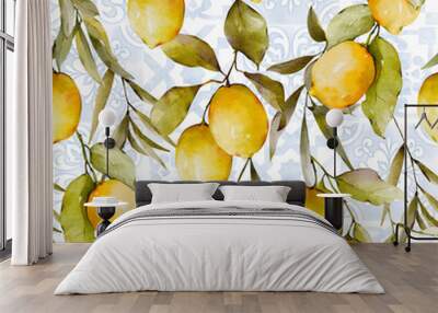 Watercolor seamless pattern. Branches of fresh citrus fruits, yellow lemon fruits, green leaves and traditional portuguese decorative tiles. Wall mural