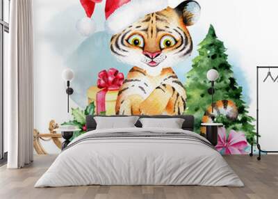 Watercolor Tiger character, New Year 2022 symbol, Cute baby tiger Wall mural