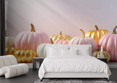 White, pink and gold pumpkins on the light background with sun lights. modern Halloween concept. Wall mural