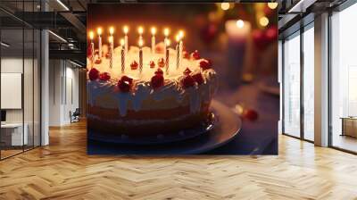 white birthday cake with candles, birthday party for children, closeup Wall mural