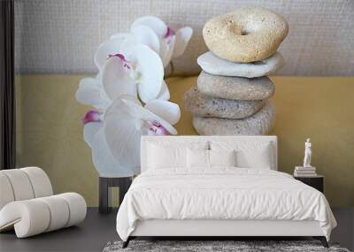 white orchid flower and natural stone pyramid, relaxing zen background Wall mural