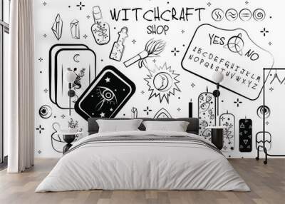 Wicca set. Witchcraft, occultism, green witch set. Wall mural