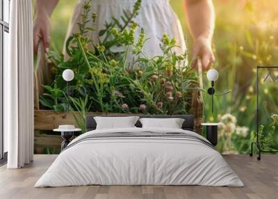 woman collects medicinal herbs box. selective focus Wall mural