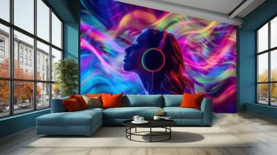 woman wearing headphones, enjoying music beats, feeling emotions in vibrant color pulse Wall mural