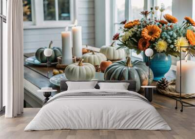 wood table decorated with pumpkins, flowers and candles Wall mural