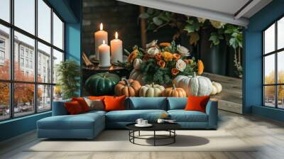 wood table decorated with pumpkins, flowers and candles Wall mural