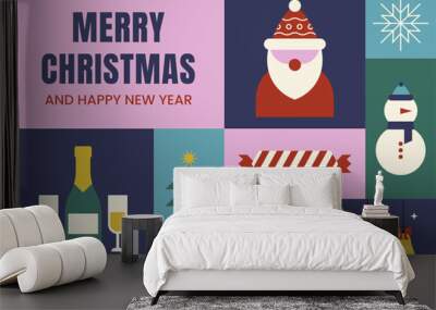 Merry Christmas and happy new year creative design. Winter elements, festive decorations and toys, Christmas tree, santa claus and snowman. Colorful Christmas background design. Wall mural