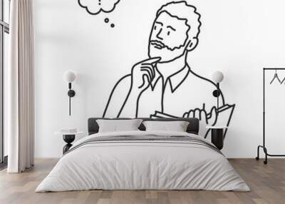 Young bearded man with a book, holding his chin. Hand drawn vector illustration. Wall mural