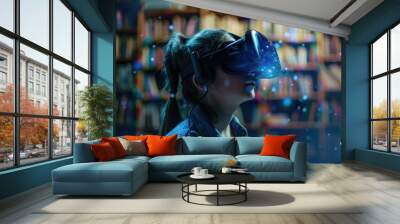 Young girl wearing VR headset with glowing effects in a library setting. Concepts of virtual reality, education, and immersive technology. Wall mural