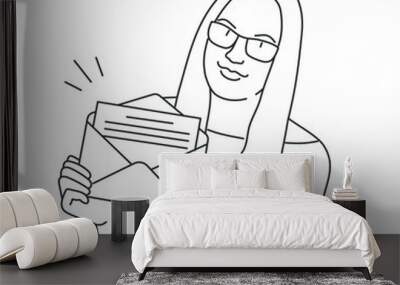 Young happy woman holds envelope with letter. Wall mural