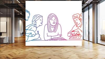 Young people working together sit at the table. Wall mural