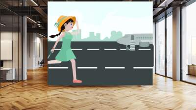 Young woman in straw hat, green summer dress, with a suitcase on wheels is running to an airplane on an airport ground. Landscape cartoon style vector illustration. Wall mural