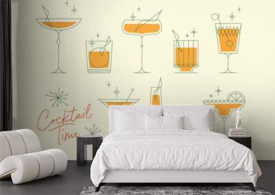 Cocktails time set with glasses drawing in retro style on yellow background Wall mural