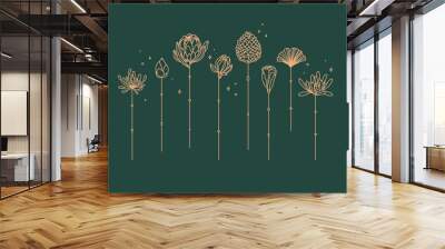 Flowers long stem drawing in art deco style on green background Wall mural