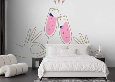 Hand holding champagne clinking glasses drawing in flat line style on beige background Wall mural