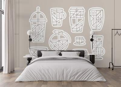 Set of creative modern art deco coffee cups in flat line style drawing on light beige background. Wall mural