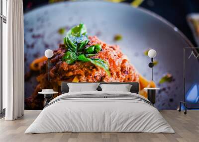 delicious italian spaghetti bolognese with minced beef sauce, tomatoes, carrots & fresh basil  Wall mural