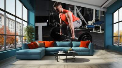 Strong handsome fit man exercising in the gym. Personal trainer workout. Athletic man working out his muscles at deadlift. Fitness, healhty lifestyle, bodybuilding concept. Wall mural