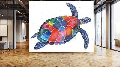 Sea funny turtle colorful decorated with spots, swims to the right, acrylic painting hand drawn isolated on white background. T shirt print design Wall mural