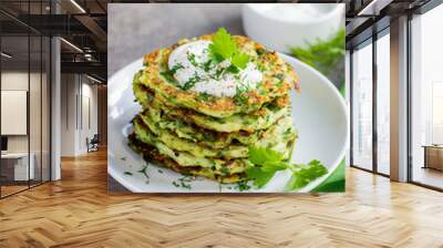  zucchini fritters, vegetarian zucchini pancakes, served with fr Wall mural