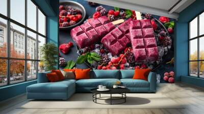 berries ice cream popsicles with frozen berries Wall mural