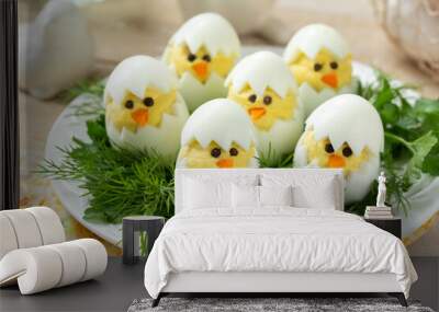 Funny stuffed eggs chicks. Easter idea for breakfast Wall mural