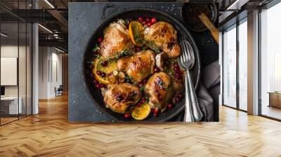 roasted  chicken with orange, cranberry and spicy herbs on pan Wall mural