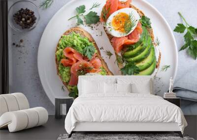 toasts with avocado, smoked salmon and egg Wall mural