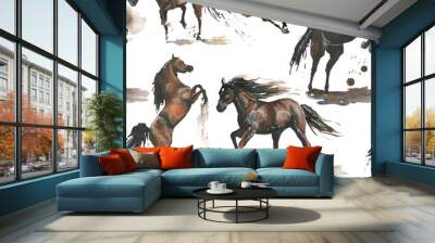 Hand drawn. Watercolor  illustration. Cute cartoon. Seamless pattern. Horses white and dark brown. Mustang wild Arabian.  White background. Pastel color. For home design. Other texture. Wall mural