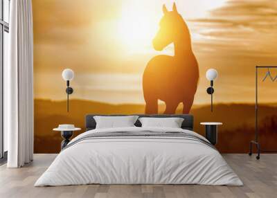 A berber arab horse in front of a stunning sunset landscape in late summer outdoors Wall mural