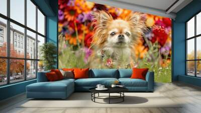 An elderly senior chihuahua dog in front of a colorful flower background Wall mural