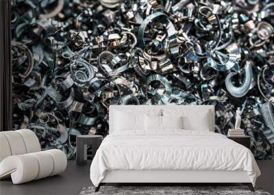 Closeup twisted spiral steel shavings. Drilling industry Wall mural