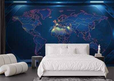 High-tech world map with glowing animated outlines on sleek website background Wall mural