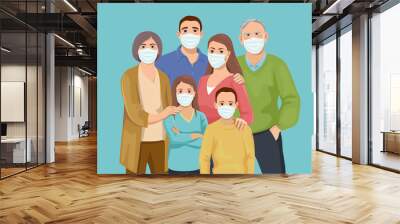 Big family together is wearing medicine masks. Quarantine. Preventive protective measures against the spread of the virus. Isolated vector illustration. Wall mural