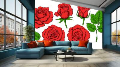 Colored hand drawing set of roses. Engraving elements of rose flowers. Vector illustration isolated on the white background Wall mural