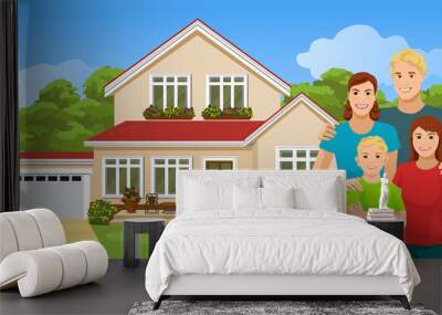 Happy European family near their new house. Smiling mom, dad, son and daughter are standing, behind them is a cottage with a yard and a lawn. Parents and children. Vector illustration. Wall mural