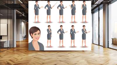 Set of cartoon smiling businesswoman in suit standing in different presentation poses. Vector illustration isolated on white background. Wall mural