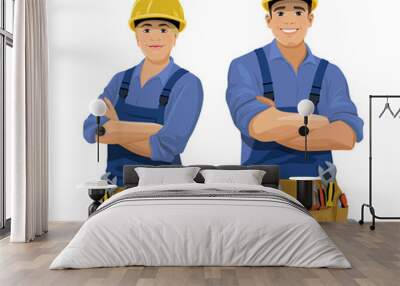 Set of male and female workers with tools. Cartoon smiling work man and woman, builder wearing safety helmet, coveralls and toolbelt. Vector illustration isolated on the white background Wall mural