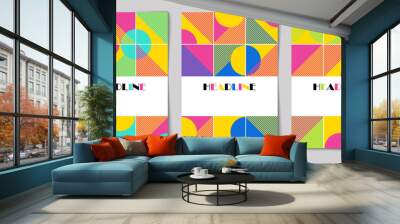 Set of vertical backgrounds with vibrant color geometric pattern and copy space. Design template of flyer, banner, cover, poster in retro stile. Vector illustration. Wall mural