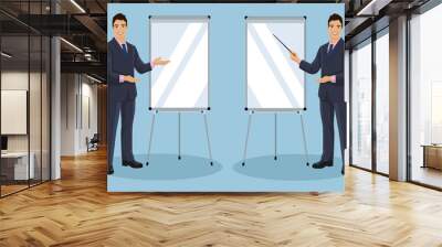 young asian business man is pointing to flip chart. smiling businessman standing is near to presenta Wall mural