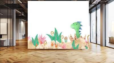 collection of watercolor frame (cute green dinosaurs and tropical vegetation) with place for text on isolated background (for designing web banners, greeting cards, printing on various objects, etc.) Wall mural