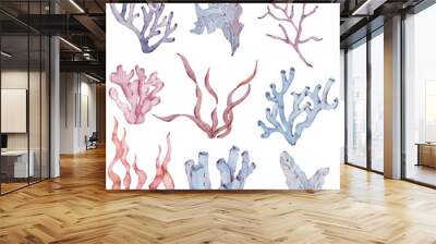 Collection of sea plants and aquatic marine seaweed. Watercolor illustration. Wall mural