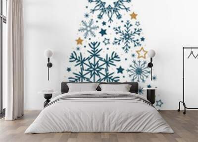 Golden and blue snowflake Christmas tree on white background. Christmas vector card. Wall mural