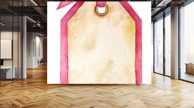 Watercolor brown paper tag on the pink paper with a bow isolated on white background. Wall mural